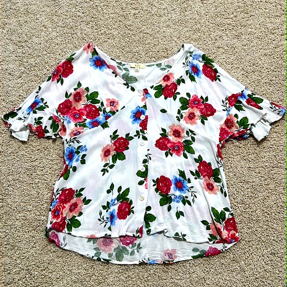Kori Tops - Kori America Size Small White, Pink, Blue Floral Casual Linen Shirt